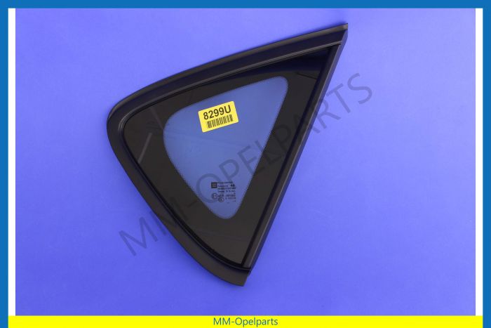 Glass, rear triangular window, with black surround moulding, right, 